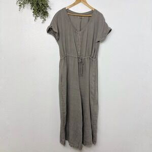 FLAX Linen Button Front Drawstring Waist Wide Leg Jumpsuit Grey M